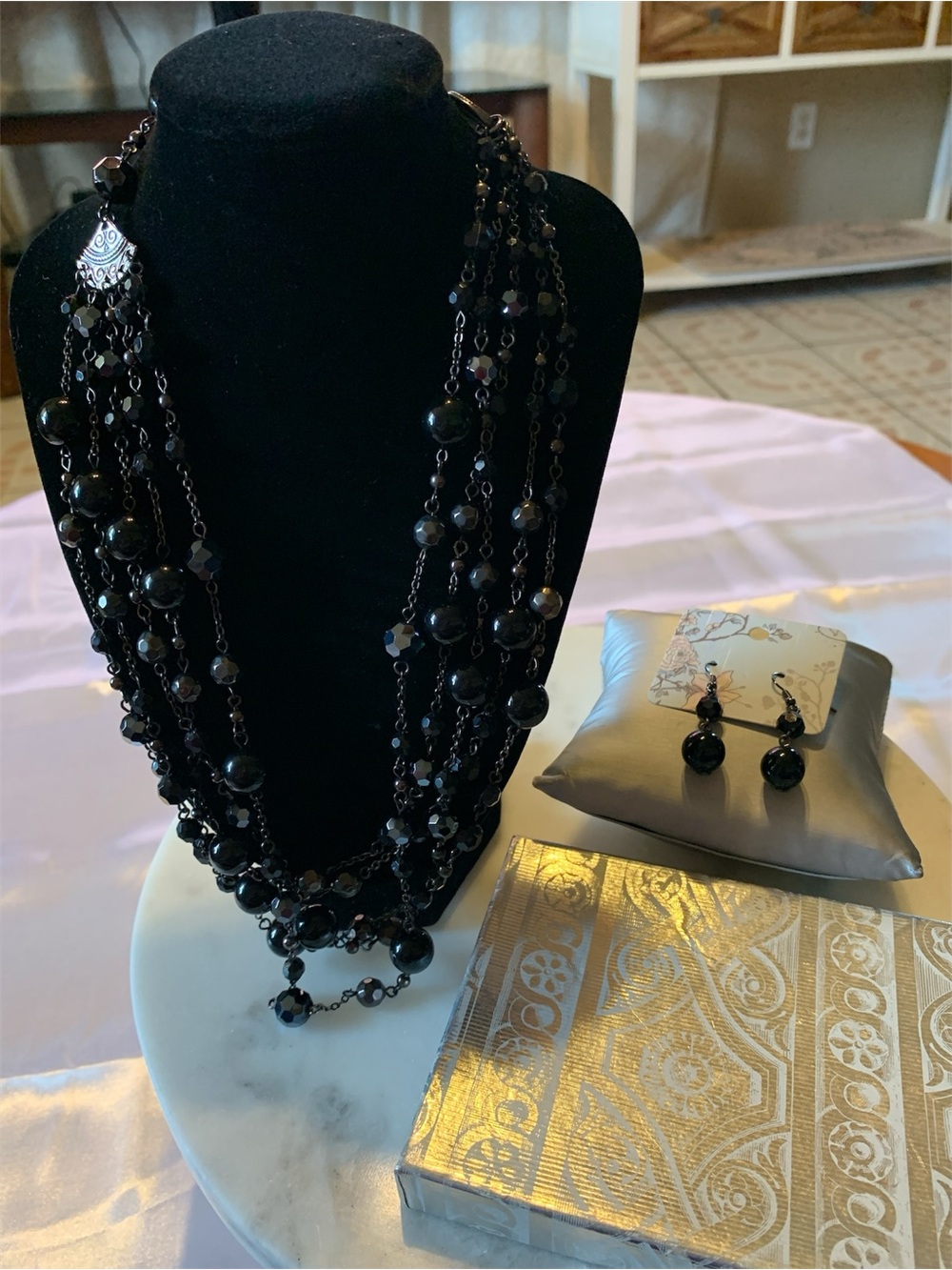 Multi-Strand Black Beaded Necklace with Matching Earrings